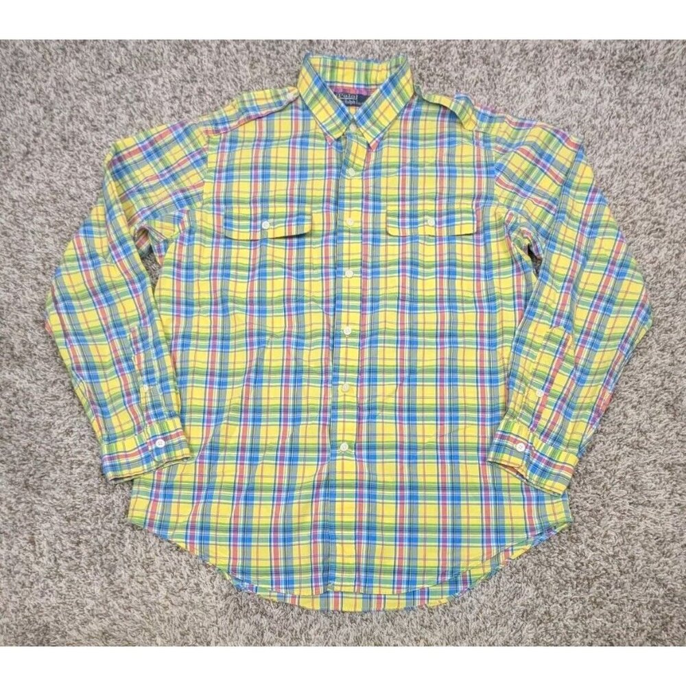 Vintage Polo Ralph Lauren Shirt Mens Large Yellow Plaid Epaulette Button Up